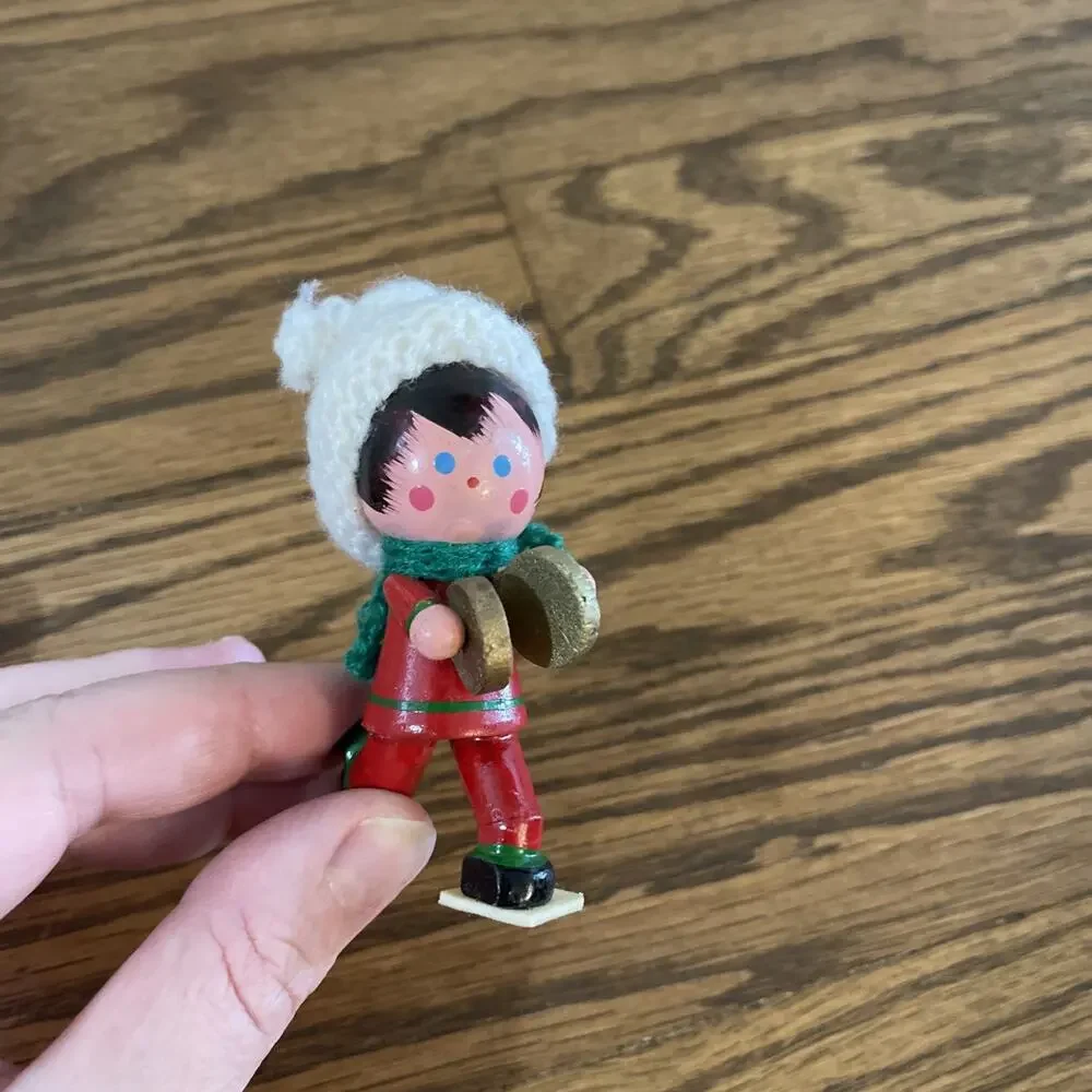 Vintage Miniature Christmas Ornament Wooden Clowns & People Knit Hats Instrument